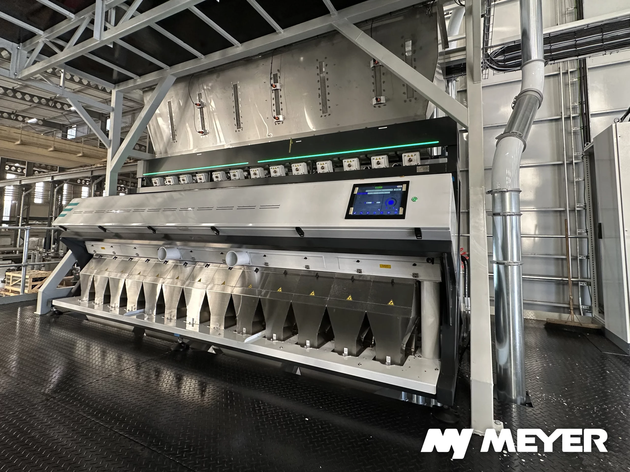 Meyer CG MAX optical color sorting machine installed in an industrial recycling plant for polypropylene color sorting.