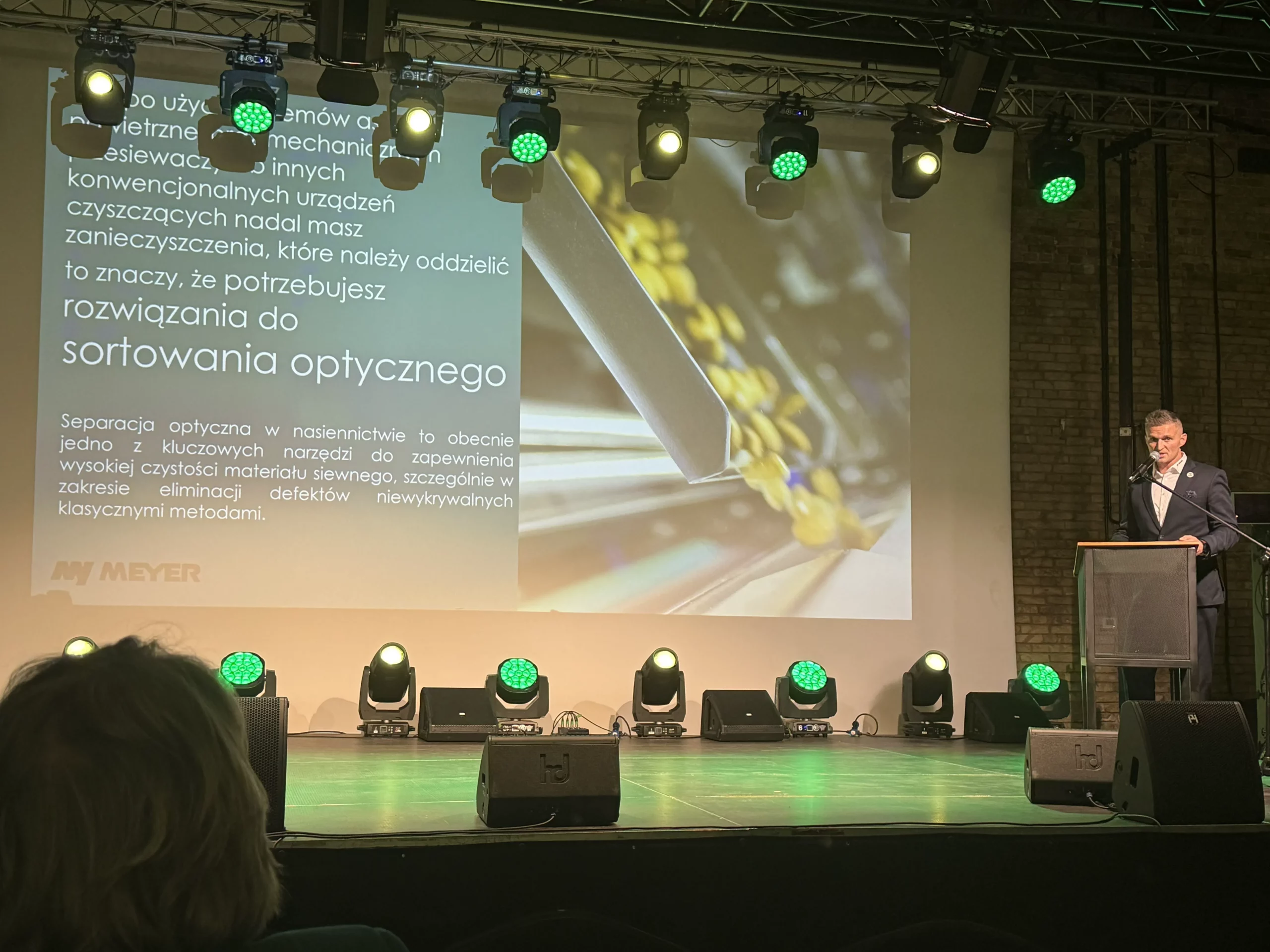 MEYER sales representative delivering a presentation on optical sorting solutions for the seed industry during the PIN Conference in Poland.