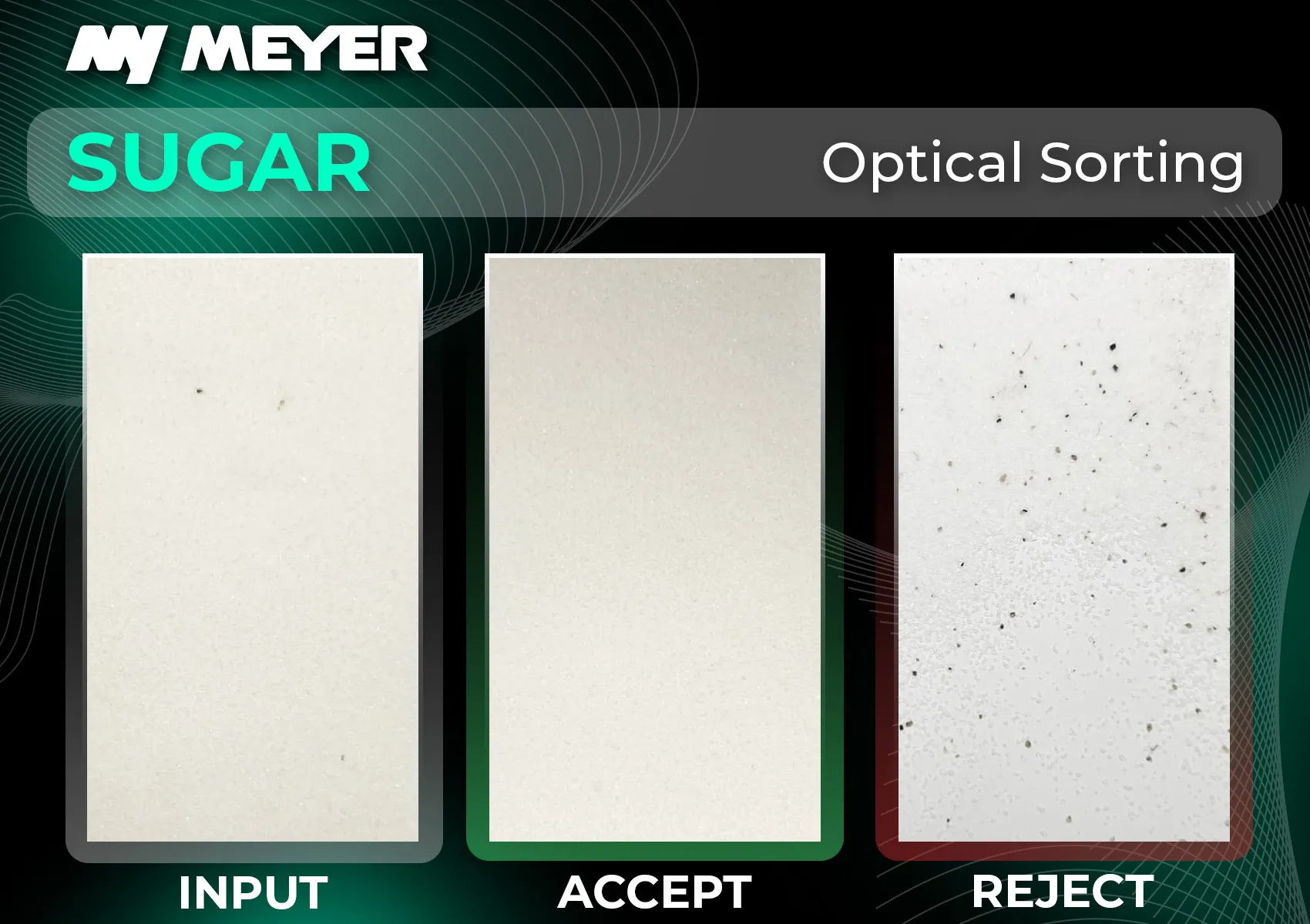 MEYER optical sorting of white sugar crystals, comparing incoming material, accepted product, and rejected impurities removed during the sorting process.